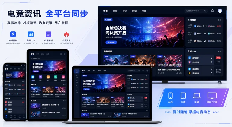 年轻化电竞资讯版面，体现多端阅读与赛事追踪感